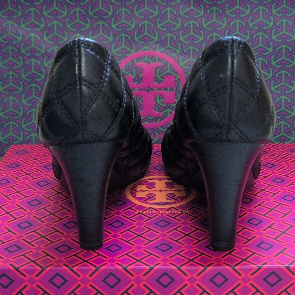 Tory Burch Claremont Black Patent Leather Quilted Wedges - Size 6.5